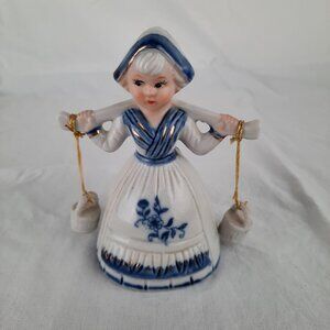 Delft Blue White Dutch Girl Bell Milk Maid with Buckets 4 1/2" Tall